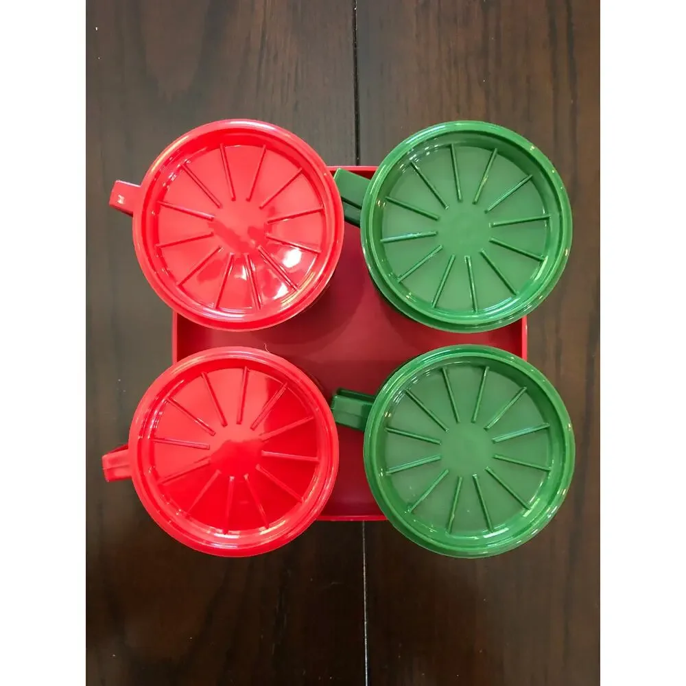 Vtg Tupperware Christmas Holiday Set - 4 Mugs w/lids 4 Plates Red Green 12 pcs